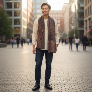 Khăn đũi dài tơ tằm Song long chầu nhật nâu gỗ  45*180 cm